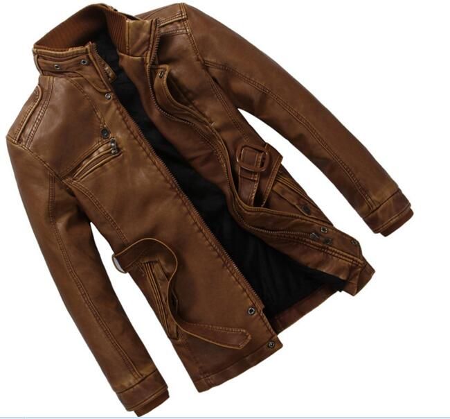 Long Warm Leather Jacket Men Winter Windproof Male Casual Slim Fit Long Warm Leather Jacket Men Winter Windproof Male Casual Slim Fit Overcoat Mens Black Brown Cotton Padded Motorcycle S Coats