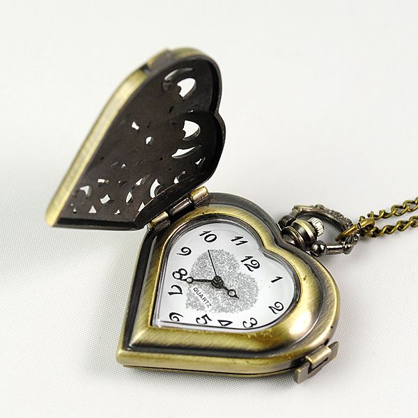 Vintage Pocket Clock Bronze Quartz Watch Heart Shape Clocks Pendant ...