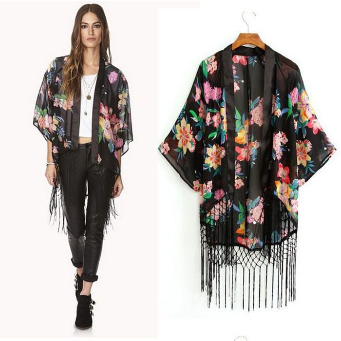 Steve Madden Chiffon Fringe Kimono Jacket Open Short Sleeve Boho Coat Cardigan