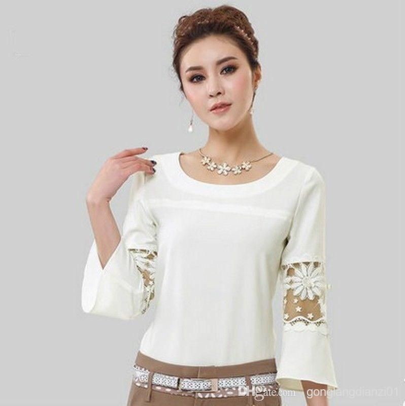 Korea Plus size vintage hollow sleeve women tops white