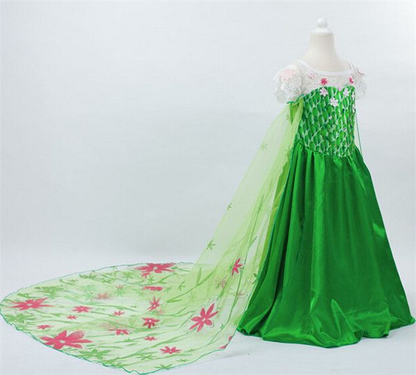 2021 2015 Frozen Elsa Dress With Long Tail Green Flower Girl Dress Long Cape Dress Green Elsa
