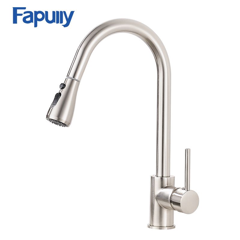 Fapully Pull Out Kitchen Tap Single Handle Water Brass Nickel Brushed Cold Hot Mixer Rotatable Sink Faucet