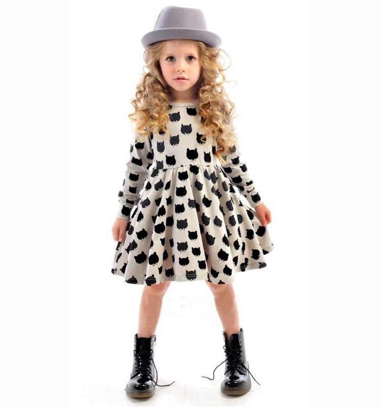 2018 New Girls Clothes Cat Printed Baby Dress For Party Autumn Kids