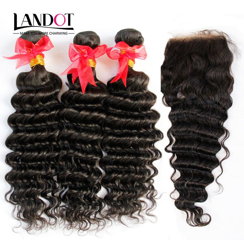 Brazilian Virgin Hair Deep Wave With Closure 8A Unprocessed Curly Human Hair Weaves 3 Bundles And Top Lace Closures Natural Black Wefts