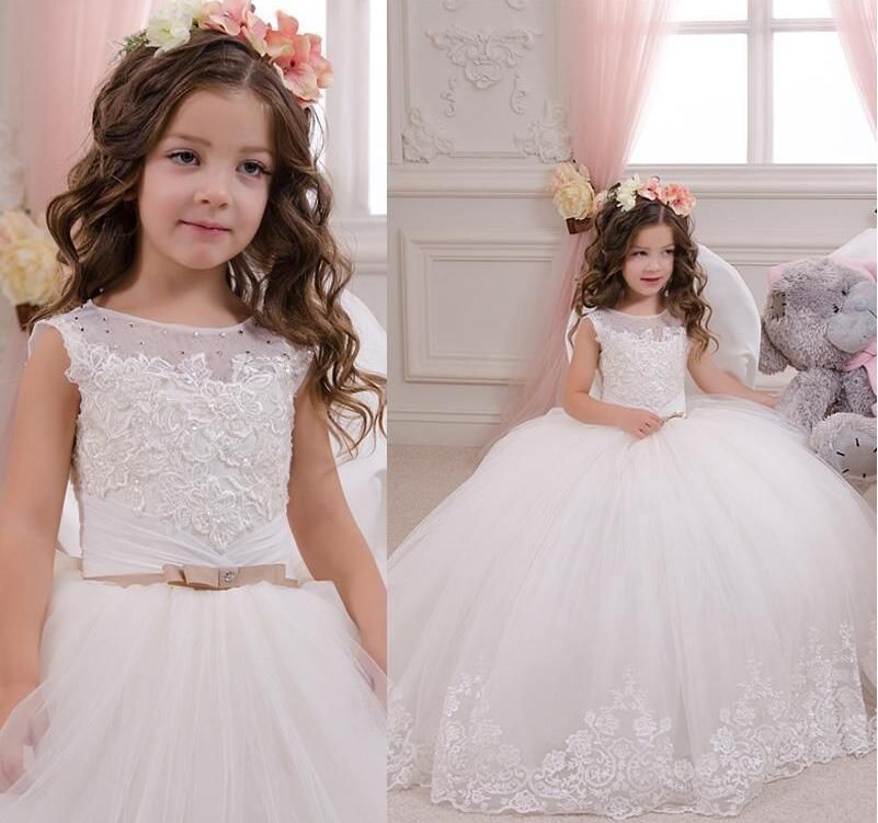 New Princess White Ball Gown Flower Girls Dresses Jewel Sleeveless Lace ...