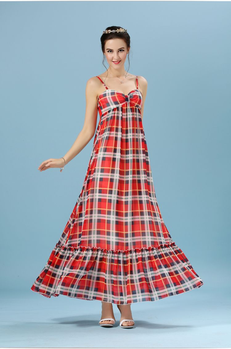 Women Summer Traditional Tartan Plaid Dress Maxi Length Red Tartan ...