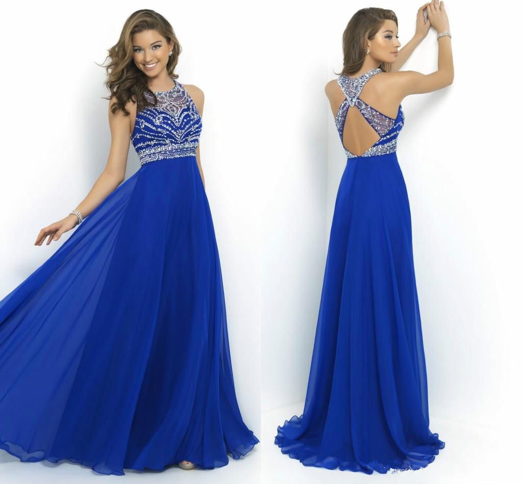 Elegant Royal Blue Chiffon Prom Dresses A Line Beaded Cross Back Shiny ...