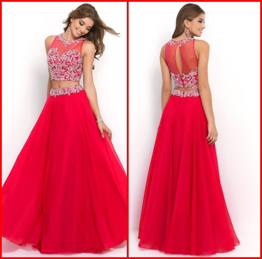 Two Pieces Long Cheap Prom Dresses Red Color Beads Chiffon A Line Crew Neckline Crystal See Through Charming Evening Dress Party From Molly Bridal 96 74 Dhgate Com