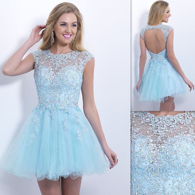 2015 Backless Light Sky Blue Prom Dresses Cap Sleeves Short Sheer ...