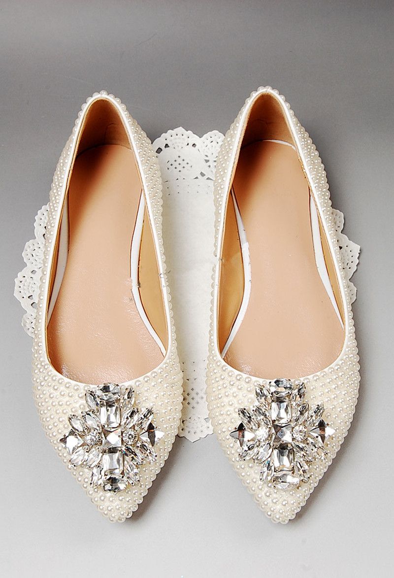 Elegant Pearl Wedding Shoes Flat Heel Diamond Bride Wedding Dress Shoes Bridesmaid Shoes Sweet 