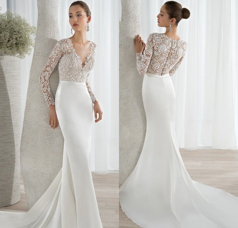 Glamour Long Sleeves Mermaid Wedding Dresses 2015 Lace Applique Chapel ...