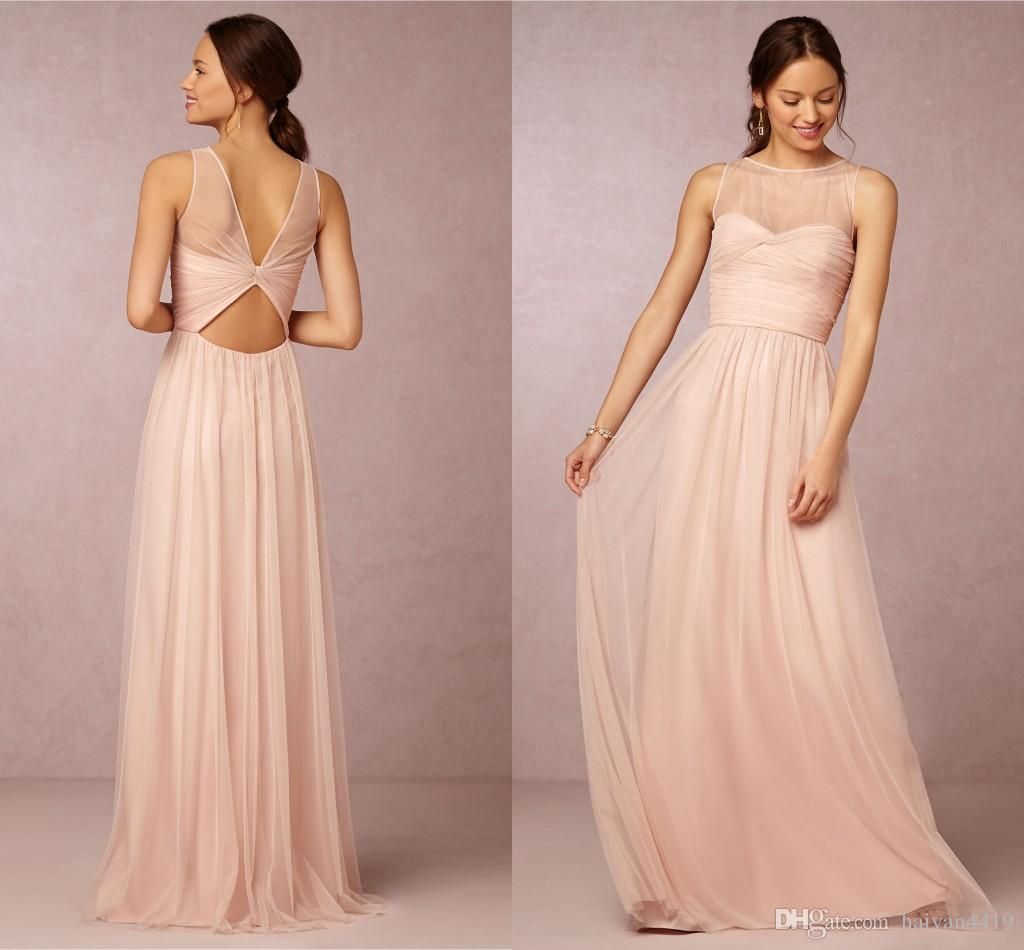 Bridesmaid Dresses 2015 Hot Cheap Crew Neck Tulle Blush Pink Sheer Illusion Hollow Back Long For