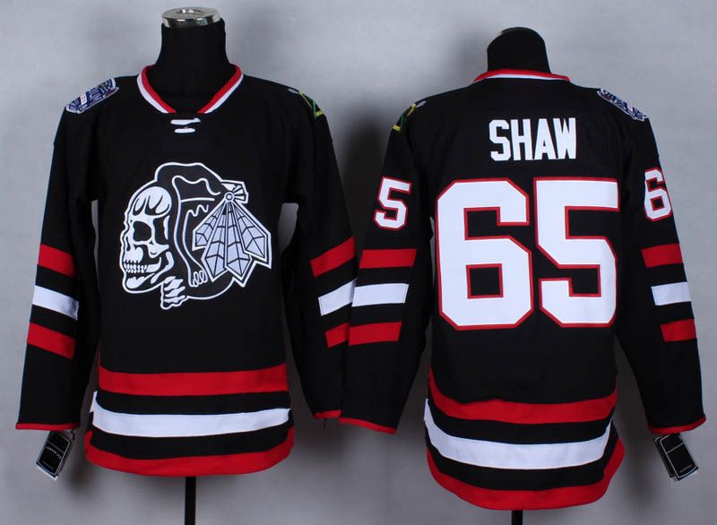 2019 Blackhawks #65 Andrew Shaw Jersey Black 2014 Stadium Series Jersey White Skull Head Ice 