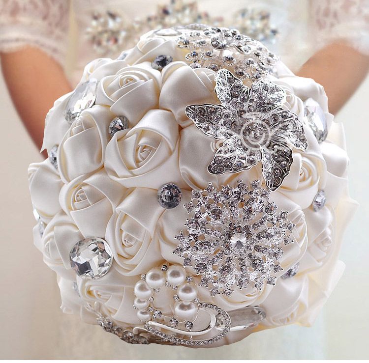 Luxury Handmade Rose Pearls & Diamonds Bride Holding Flower Wedding