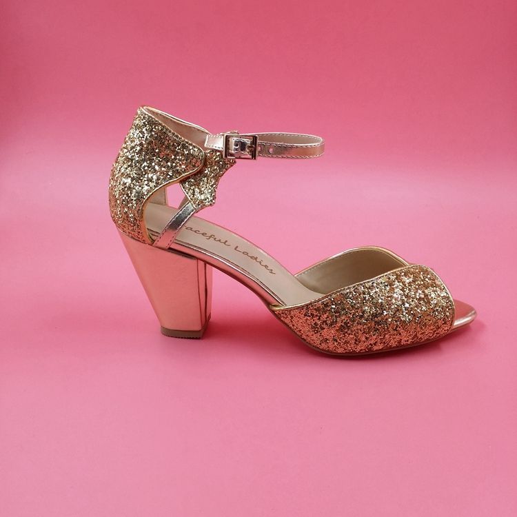 gold open toe chunky heels