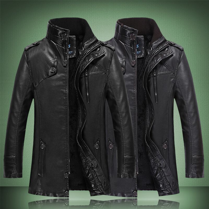 Fall 2018 Winter Leather Trench Coat Men Military Stand Collar Sherpa Lined Faux Single Ted Fur