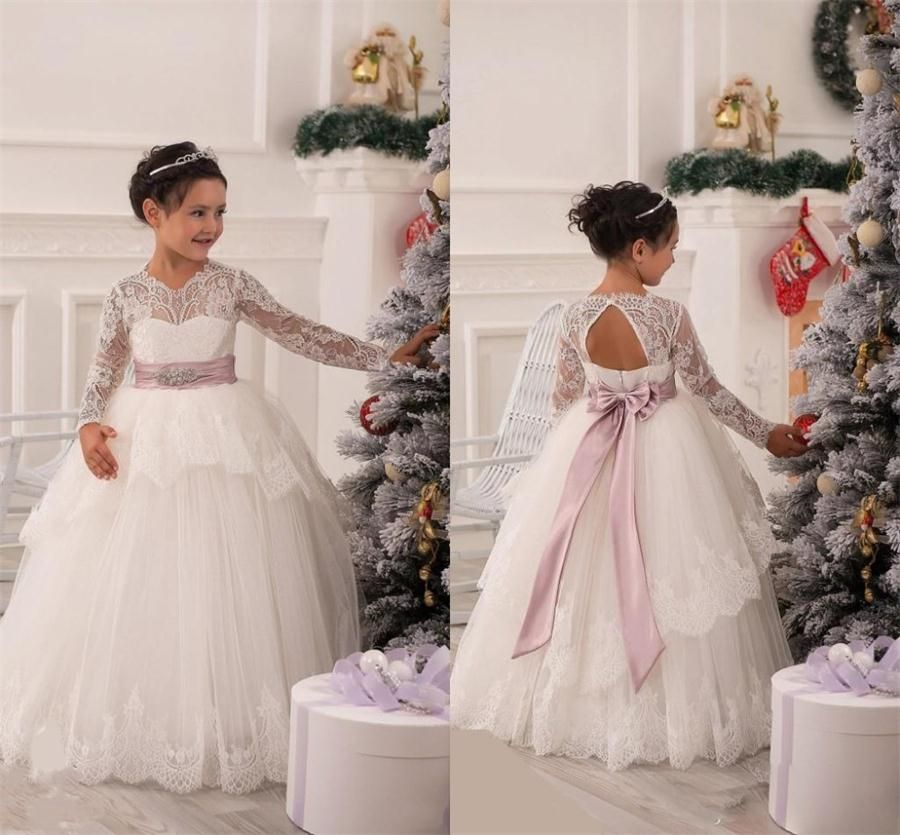 Long Sleeve Flower Girl Dresses Wedding Gowns Bow Sash Beads Peplum