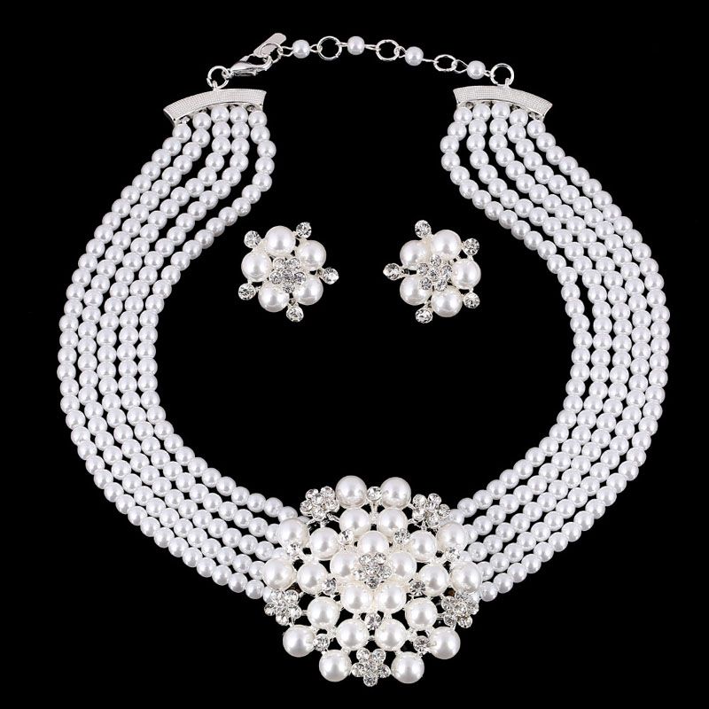 Rhinestone Bridal Jewelry Set Pearl Crystal Flower Necklaces And