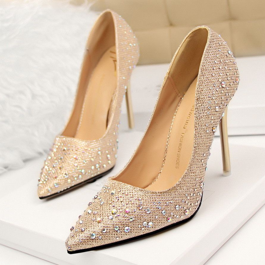Rhinestone Wedding Shoes Pointed Toe High Heels Red Bottom Shoes Women