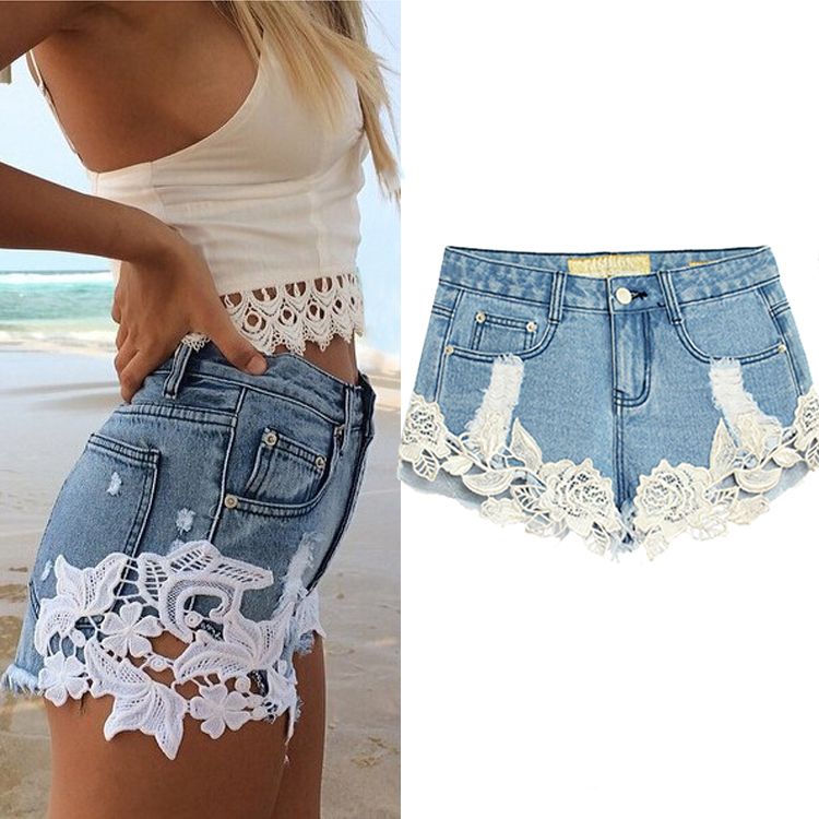 2021 Summer Floral Lace Denim Shorts Women Boyfriend Style Ripped Jean ...