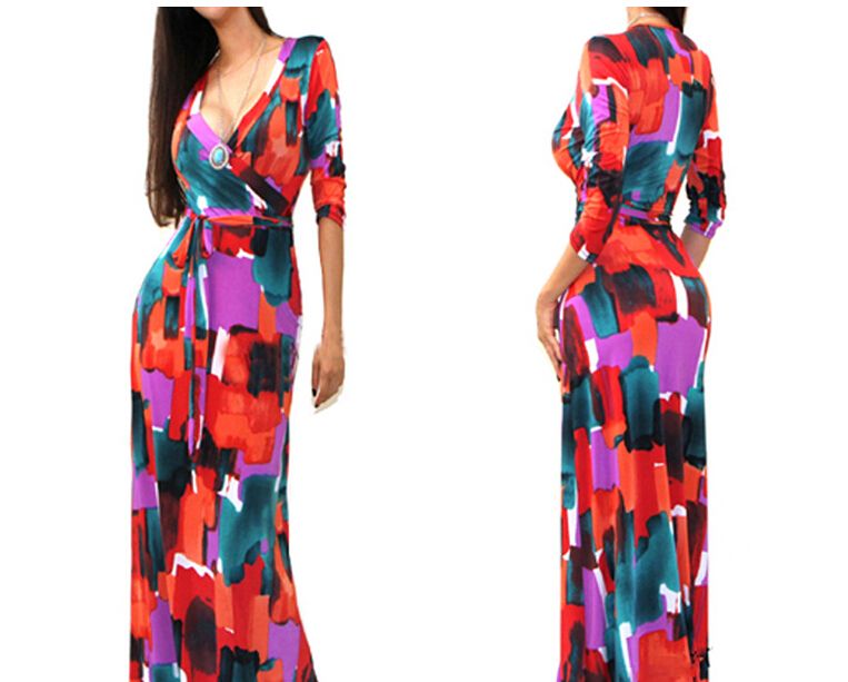 2015 mode nya maxi klänningar för kvinnans sommar fest kvällsklänning kläder v-hals sexiga blommiga tryckta klänningar kvinnor casual klänningar xl