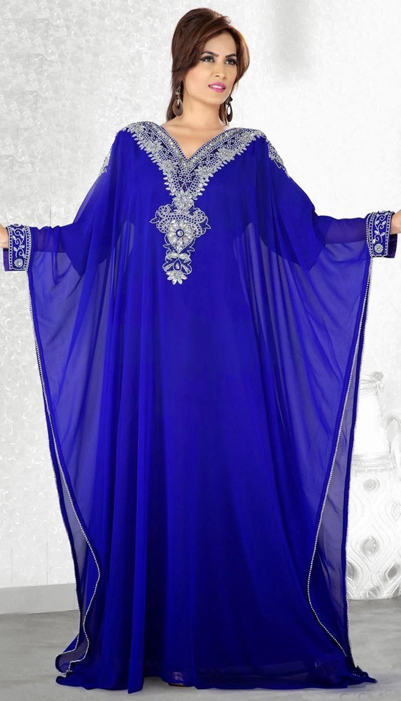 Fashion Royal Blue Muslim Abaya Long Sleeves V Neck Arabic Evening ...