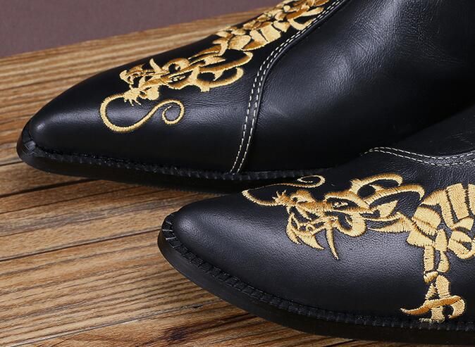 2016 New Fashion Genuine Leather Dragon Embroidered Ankle Boots Mans Pointed Toe Formal Dress Shoes for Men Plus Size 38-46