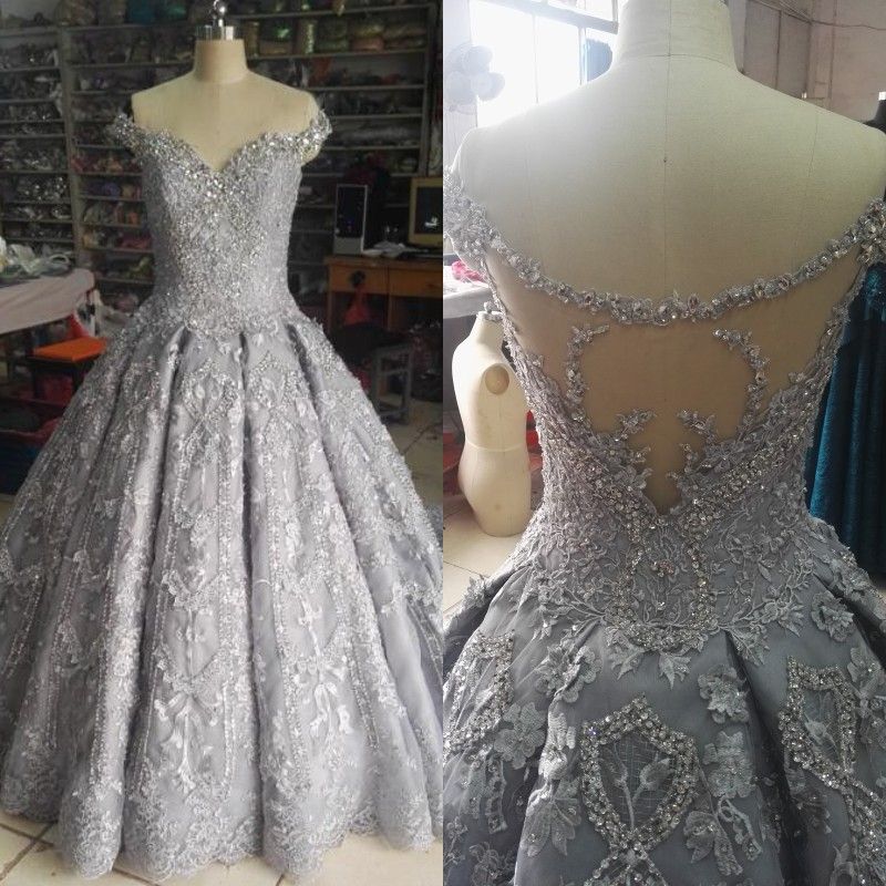 compre vestido de novia de plata de lujo vestido de bola fuera del