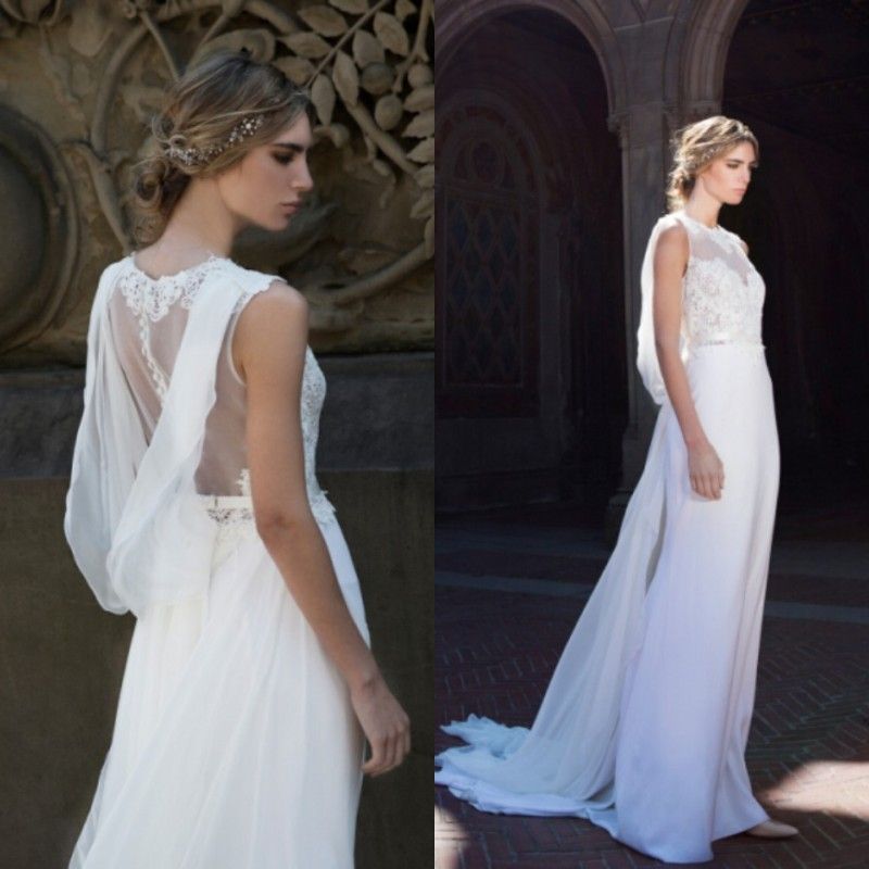 2016 Greek Goddess Wedding Dresses Spring Beach Bridal Gowns Lace Appliques Crew Neck Sheer Back