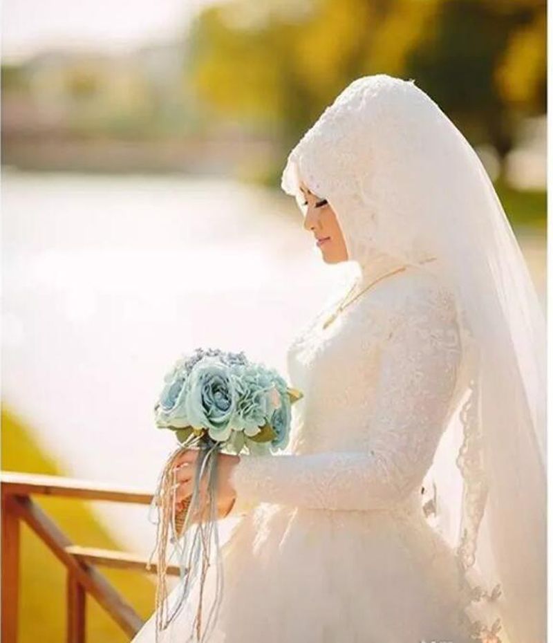 Saudi Afraic Ball Gown Wedding Dress Long Sleeves High Neck Lace ...