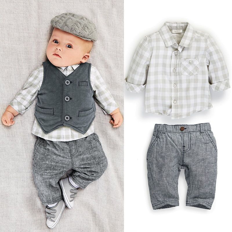Winsummer 3Pcs Baby Boys Gentleman Bowtie Plaid Shirt and Bib Pants Outfits Suspender Trousers Overalls
