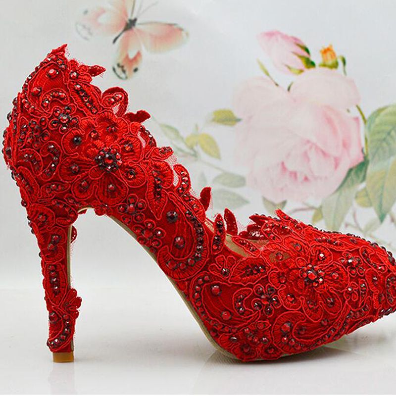 Comfortable Red Lace Flower Women Pumps Platform Genuine Leather