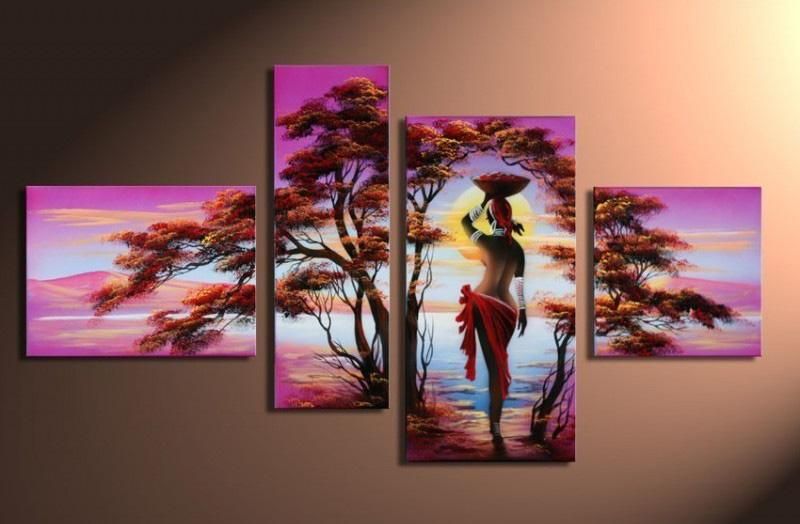 Online Cheap Hand Painted Hi Q Modern Home Abstract Landscape Oil Hand Painted Hi Q Modern Home Abstract Landscape Oil Painting On Canvas African Girl Trees 4pcs Set Framed