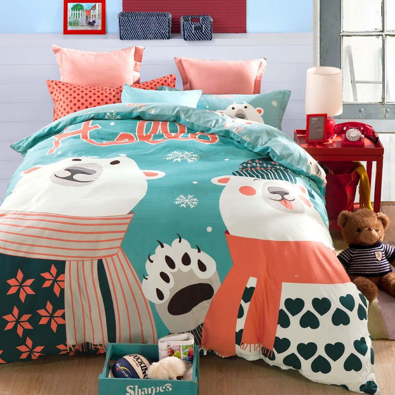 Cute Polar Bear Snowflake Printing Bedding Bed Linens Cartoon Cotton Cute Polar Bear Snowflake Printing Bedding Bed Linens Cartoon Cotton Queen With Duvet Quilt Cover Flat Sheet 4 Comforter Set Covers Down