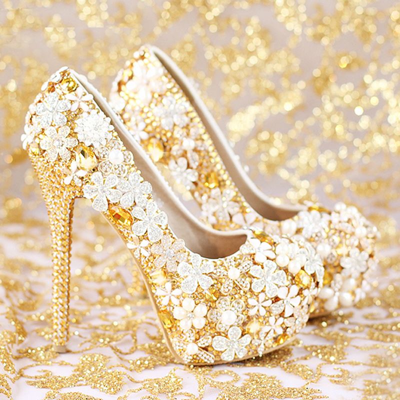 Fashion Comfortable Gold Wedding Women Shoes Platform High Heels Rhinestone Bridal Shoes