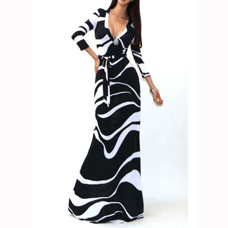 Black And White Casual Dresses V Neck Maxi Dress Long Sleeves With ...