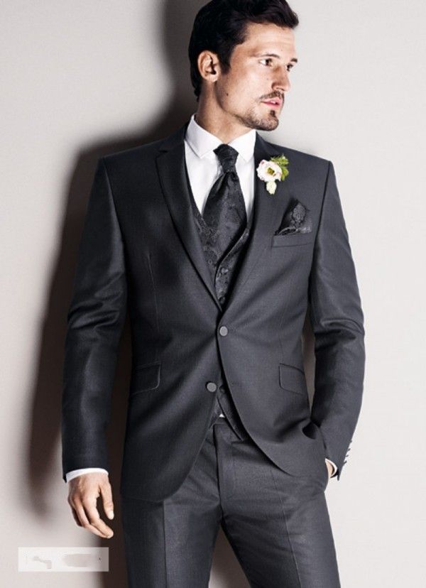 2016 Groomsmen Notch Black Lapel Groom Tuxedos Dark Grey Mens Suits ...