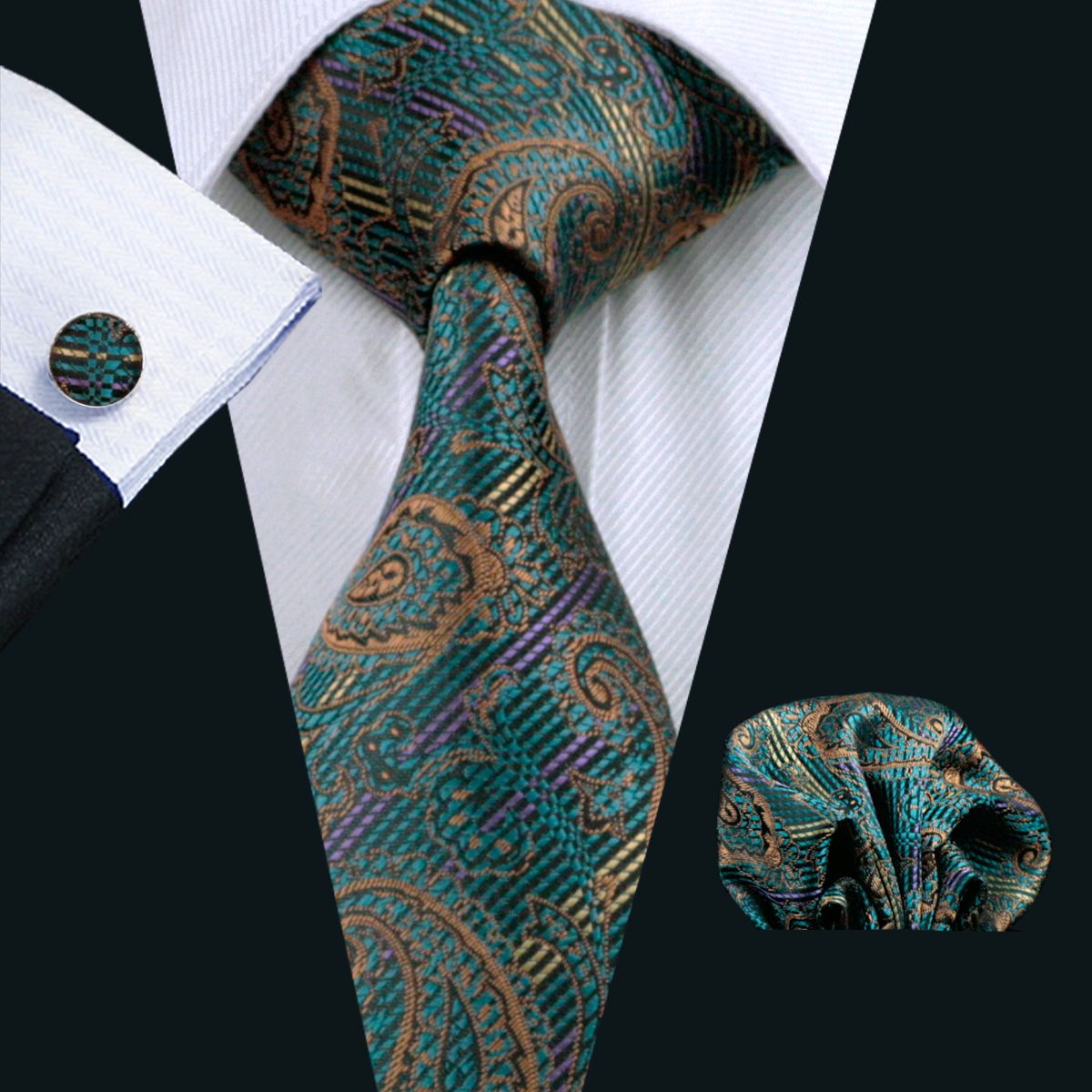 2020 Classic Green Neck Tie Set Hankerchief Cufflinks Paisely Business