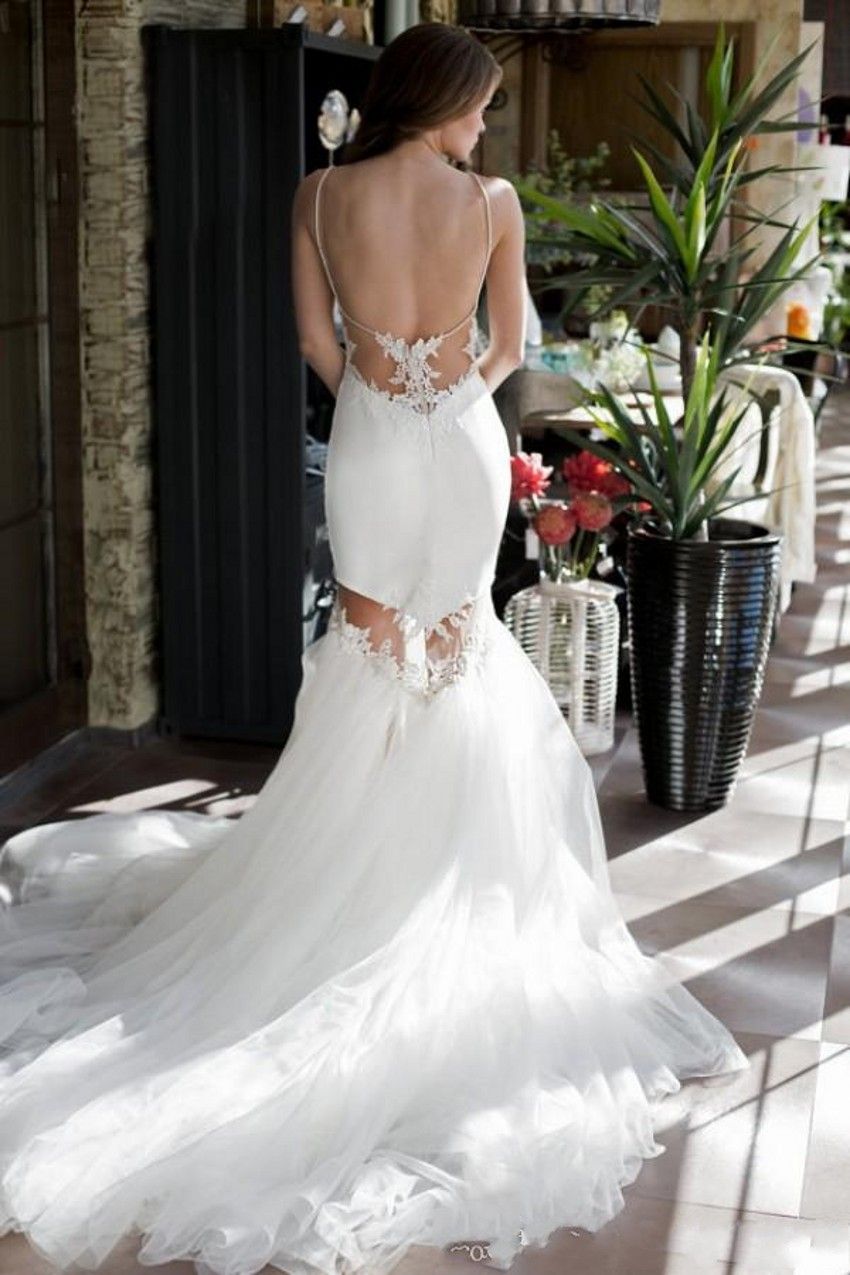 Vestido De novia sin espalda cuello pico tul De encaje y apliques –  MarketModa