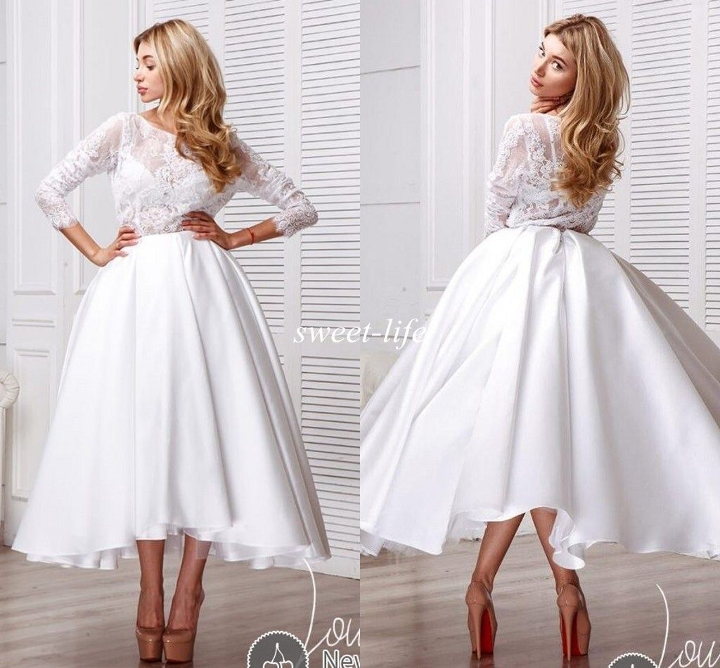 A Line Tea Length Wedding Dress
