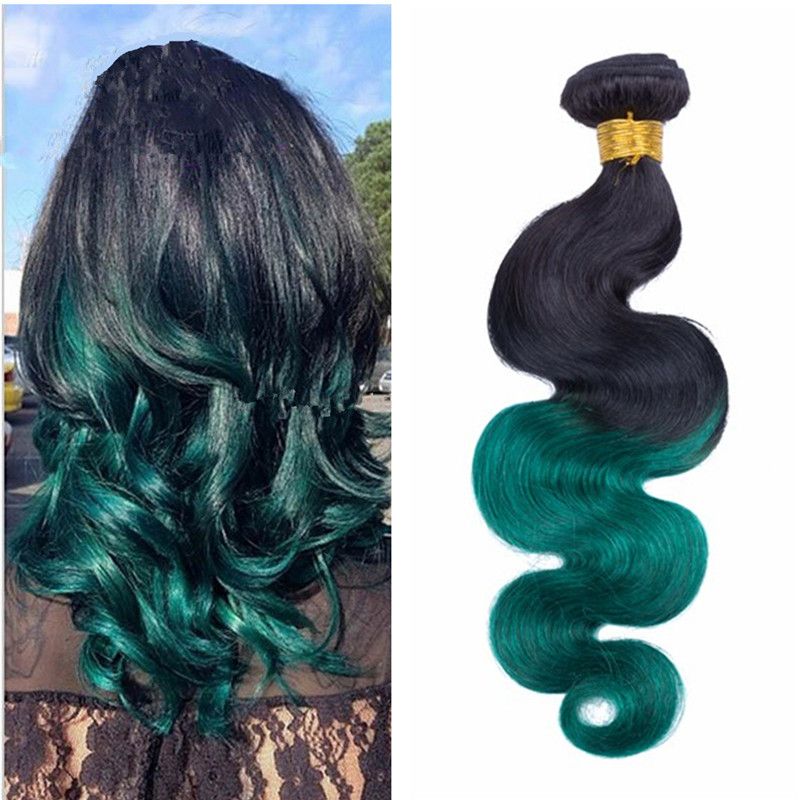 2020 Two Tone Human Hair 1b Green Ombre Hair Extensions Black To