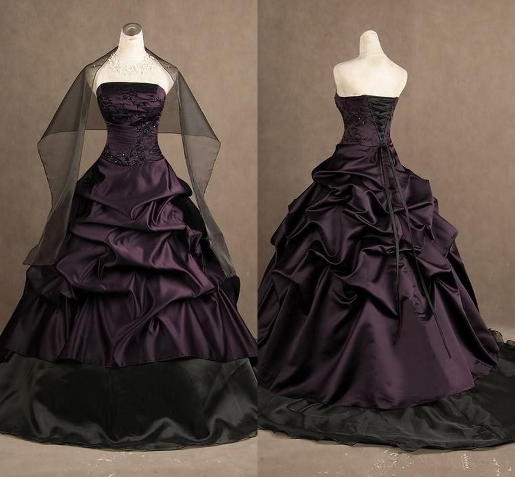 2015 Vintage Gothic Style Wedding Dresses Strapless Black Draped Satin