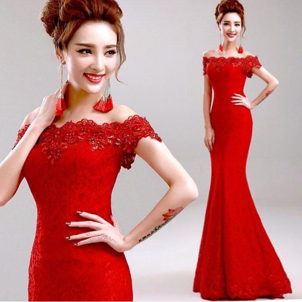  Red Black Royal Blue Long Lace Mermaid Prom Dresses 2016 Bateau Off-Shoulder Party Evening Dresses Vestido Cheongsa 2015 Wedding Dresses