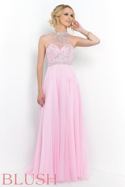 Pink Prom Evening Dresses A Line Chiffon Halter Sheer Backless ...