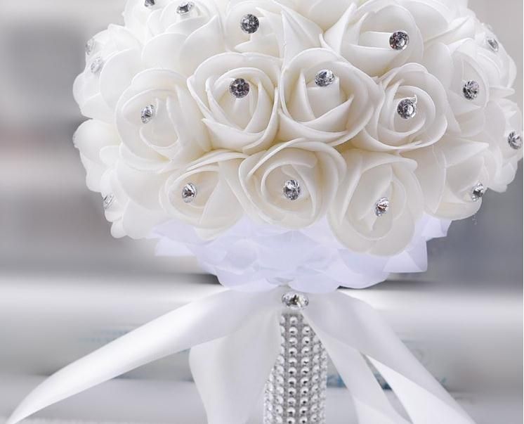 Джейн Вини дешевые белый свадебный букет ПУ розы Кристалл бисером свадебный букет цветов бежевый искусственный брошь букет невесты Рамо де Новиа 2017