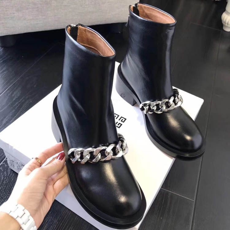 2017 Silver Metal Chain Ankle Boots Women Round Toe Side Zipper Martin ...