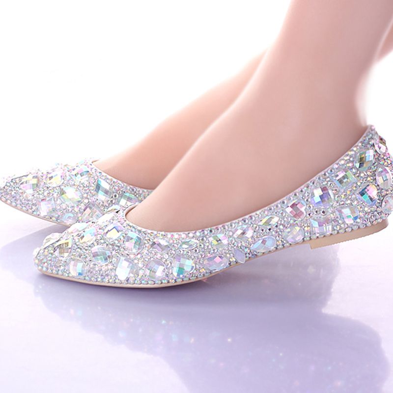 Flat Heels Pointed Toe Ab Crystal Wedding Shoes Silver Dancing Flats