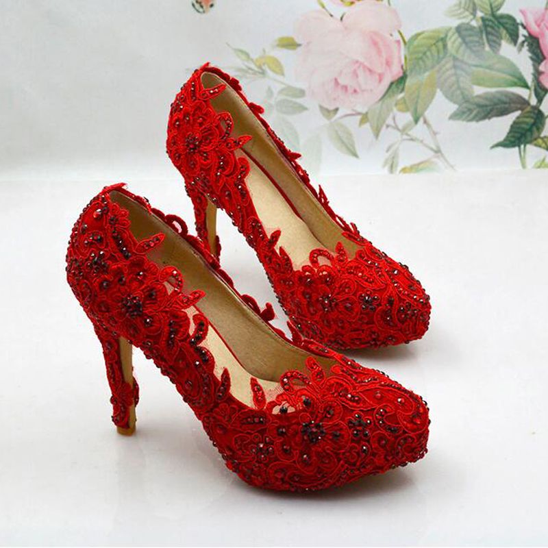 Comfortable Red Lace Flower Women Pumps Platform Genuine Leather