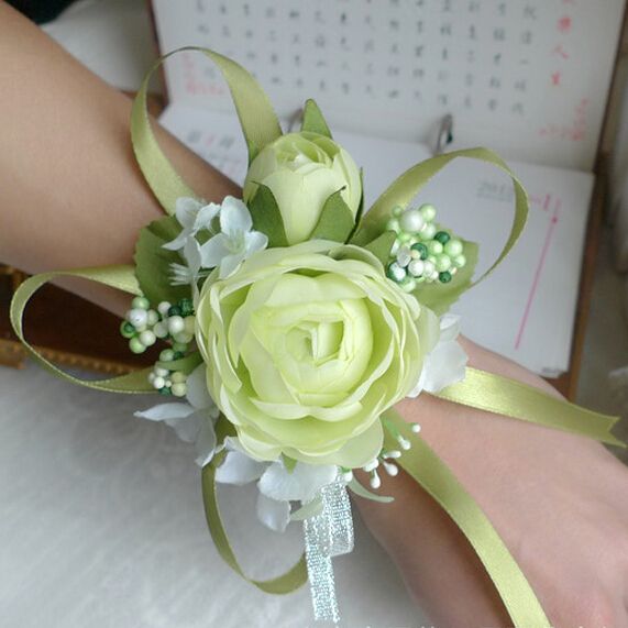 2019 Wedding Prom Wrist Corsage Silk Rose Flower With Ribbons