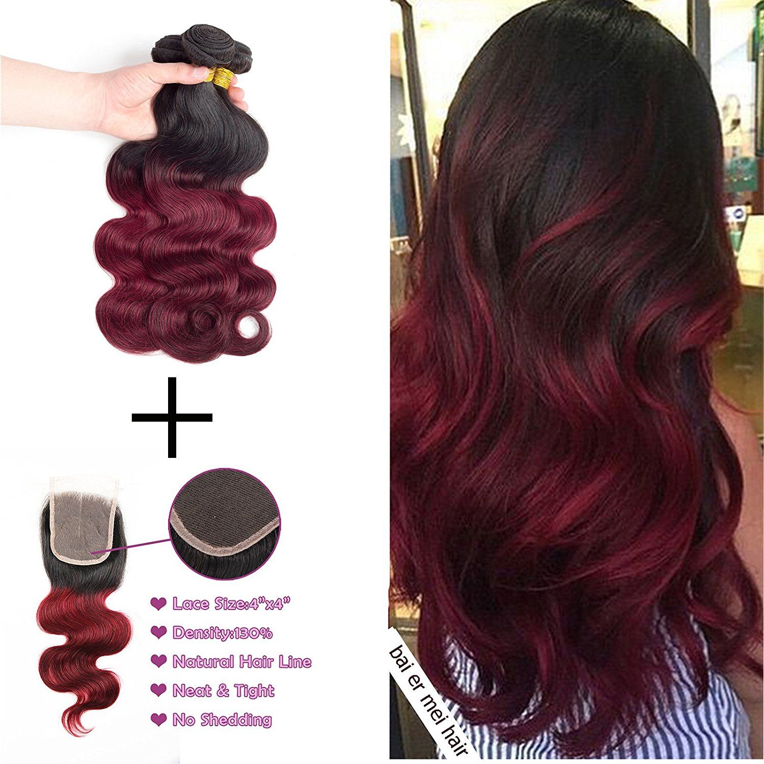 8ADark Red Ombre Brazilian Body Wave 3Bundles Ombre Hair Bundles